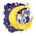 Cute unicorn on the moon. watercolor Night fairytale sky illustration Royalty Free Stock Photo