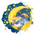 Cute unicorn on the moon. watercolor Night fairytale sky illustration Royalty Free Stock Photo