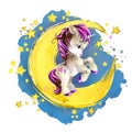 Cute unicorn on the moon. watercolor Night fairytale sky illustration Royalty Free Stock Photo