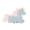 Vector cute unicorn sleeping at cloud in hat