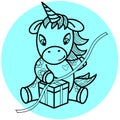 Cute unicorn opens a gift, ties a bow on a gift, contour drawing, vector Royalty Free Stock Photo