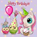 Cute Unicorn and owls with balloon and bonnets Royalty Free Stock Photo