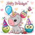 Cute Unicorn and owls with balloon and bonnets Royalty Free Stock Photo