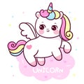 Cute unicorn Pegasus cartoon on cloud: Series fairy girl child pony kawaii animal character Royalty Free Stock Photo