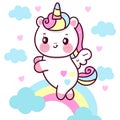 Cute Unicorn Pegasus vector fly on pastel sky with sweet rainbow cloud and heart pony cartoon kawaii animals background Valentines Royalty Free Stock Photo