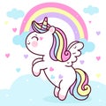 Cute Unicorn Pegasus vector fly on pastel sky with sweet rainbow and cloud pony cartoon kawaii animals background Valentines day g Royalty Free Stock Photo