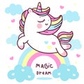 Cute Unicorn pegasus vector fly on sky with rainbow sweet heart and cloud pony cartoon pastel background Valentines day Royalty Free Stock Photo