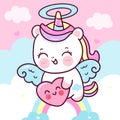 Cute Unicorn Pegasus vector holding heart fly on pastel sky with sweet cloud pony cartoon kawaii animals background Valentines da