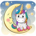 Cute Unicorn in a pilot hat is sitting on the moon