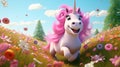 A cute unicorn with a pink mane jumps through a field of colorful flowers