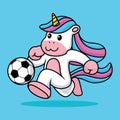 Cute Unicorn Playing Football Soccer Cartoon Vector Illustration. Animal Icon concept with blue background