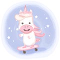 Cute unicorn playing skateboard cartoon watercolor background