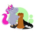 Cartoon unicorn playing chess on a chessboard