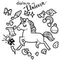 Cute unicorn and pony collection with magic items, rainbow, fairy wings, crystals, clouds, potion. Hand drawn line style. Royalty Free Stock Photo
