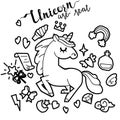 Cute unicorn and pony collection with magic items, rainbow, fairy wings, crystals, clouds, potion. Hand drawn line style. Royalty Free Stock Photo