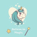 Cute unicorn portrait on blue background with hearts magic wand and smiling star. Fantasy horse