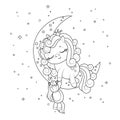 Cute unicorn princess sleeping with toy unicorn on crescent amongst stars. Coloring page for kids.