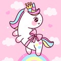 Cute Unicorn princess vector fly on pastel sky with sweet cloud pony cartoon kawaii animals background  Valentines day gift Royalty Free Stock Photo