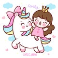 Cute unicorn princess vector ride horse pony cartoon kawaii animals Valentines day gift background