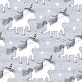 Cute unicorn print for kids. Vector print. Hand drawn seamless pattern with cute little unicorn cartoon style.