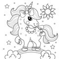 Cute unicorn on the rainbow. Black and white linear drawing. Vector Royalty Free Stock Photo