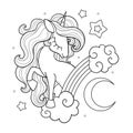 Cute unicorn and rainbow. Black and white linear drawing. Vector Royalty Free Stock Photo