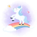 Cute unicorn and rainbow on blue sky hand drawn animal watercolor illustration Royalty Free Stock Photo