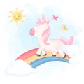 Cute unicorn and rainbow on blue sky hand drawn illustration Royalty Free Stock Photo