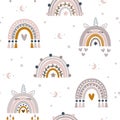 Cute unicorn and rainbow in boho style seamless pattern. design for scrapbooking, decoration, cards, paper goods, background, wall Royalty Free Stock Photo