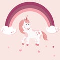 Cute unicorn with rainbow and clouds. Vector illustration pony with horn can use for card, backgroud, print Royalty Free Stock Photo