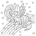 Cute little unicorn outline black and white for coloring. Rainbow star background.