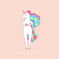 Cute unicorn with rainbow mane does yoga namaste.