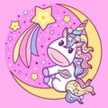 Cute unicorn with a rainbow mane on the moon. Childish fantasy animal. Vector