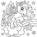 Cute unicorn on a rainbow with stars. Black and white illustration. Vector Royalty Free Stock Photo