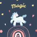 Cute unicorn, rainbow and stars in cartoon flat style. Vector illustration of baby horse, pony animal in tyrquoise color Royalty Free Stock Photo