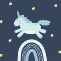 Cute unicorn, rainbow and stars in cartoon flat style. Vector illustration of baby horse, pony animal in tyrquoise color Royalty Free Stock Photo