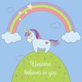 Cute unicorn and rainbow with stars and clouds greeting card. Magical unicorn vector illustration poster. Royalty Free Stock Photo