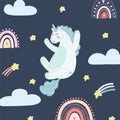 Cute unicorn with rainbows, falling stars and clouds in cartoon flat style. Vector illustration of baby horse, pony Royalty Free Stock Photo
