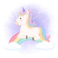 Cute unicorn relaxing on rainbow hand drawn animal watercolor illustration Royalty Free Stock Photo
