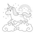 Cute unicorn running on the clouds, Cartoon linear style coloring page, Isolated on white background, Vector Illustration. Royalty Free Stock Photo