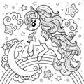 A cute unicorn runs on a rainbow. Black and white linear drawing. Vector