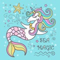 Cute Unicorn Sea Horse Cartoon. Magic creatures, theme of dreams, fantasy, fairy Royalty Free Stock Photo