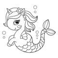 Cute unicorn seahorse. Black and white linear image. Vector