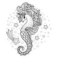 Cute unicorn seahorse vector cartoon. Black and white linear drawing. Vector