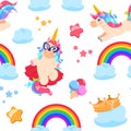 Cute unicorn seamless pattern. Baby pony, rainbow horse. Girl bedroom fairytale vector wallpaper