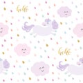 Cute unicorn seamless pattern background with cartoon clouds and rain drops. Pastel purple and glitter. For print and