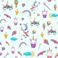 Cute unicorn seamless pattern background vector with horse, cupcake, head, heart, rainbow, diamond, clouds isolated on Royalty Free Stock Photo