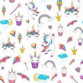 Cute unicorn seamless pattern background vector with horse, cupcake, head, heart, rainbow, diamond, clouds isolated on Royalty Free Stock Photo