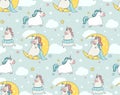 Cute unicorn seamless pattern. Cartoon illustration. Doodle art of magic creature. Can be used for baby clothes, wallpaper, kids