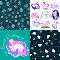 Cute unicorn seamless pattern, magic pegasus flying with wing and horn on rainbow, fantasy horse vector illustration Royalty Free Stock Photo